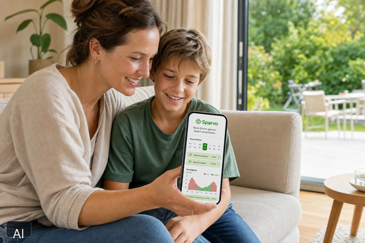 Mutter und Sohn mit Sparvo auf dem Smartphone (KI-generiertes Bild)